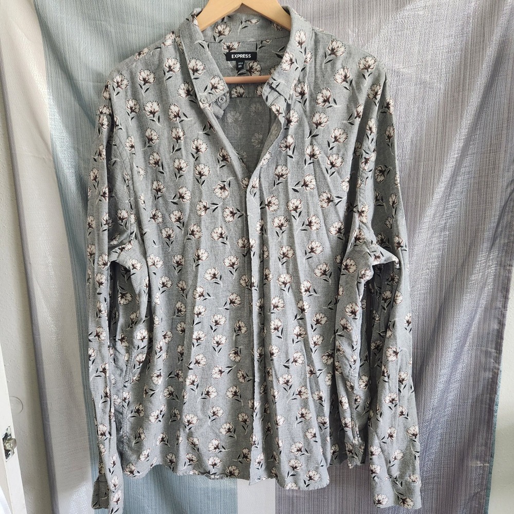 Express Mens XXL Tall Grey Floral Cotton Long Sleeve Button Down Shirt Office